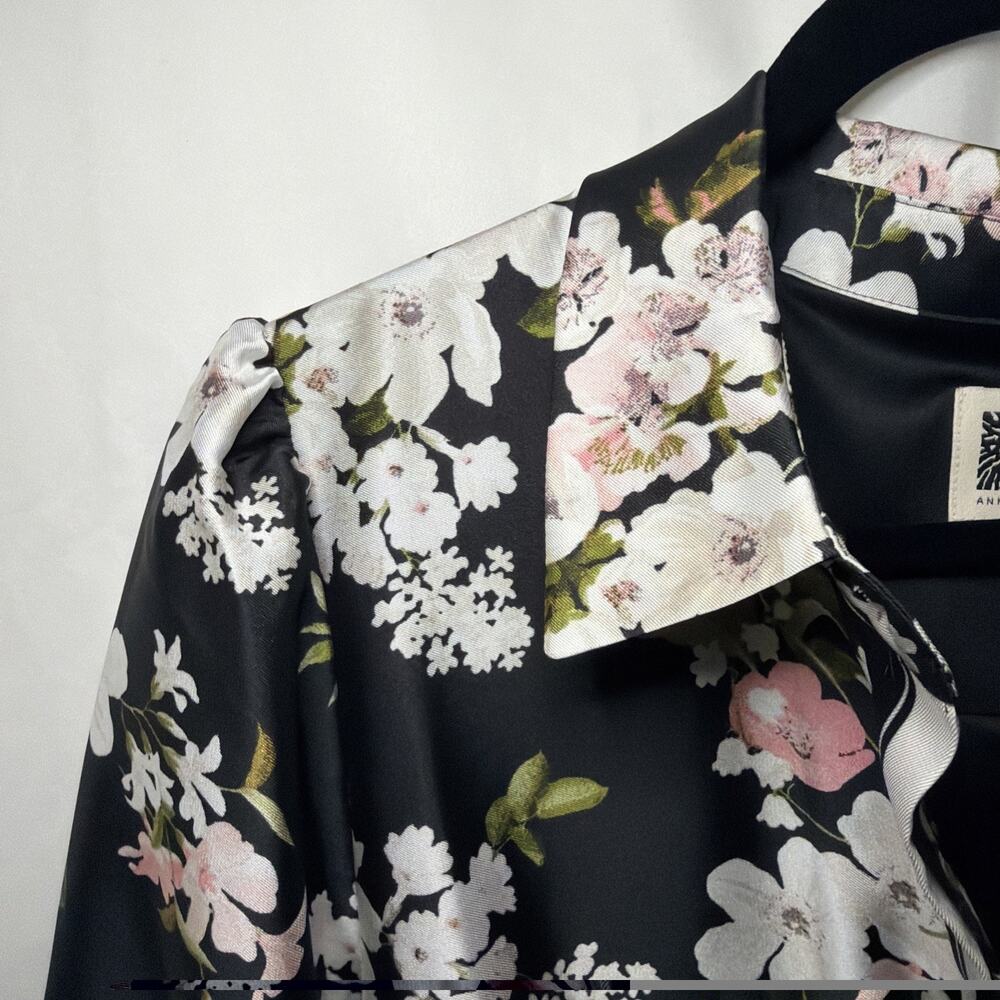Anne Klein Women 12 Black Floral Shirt Dress Long Sleeve Belted Ruffle Hem - Picture 8 of 9